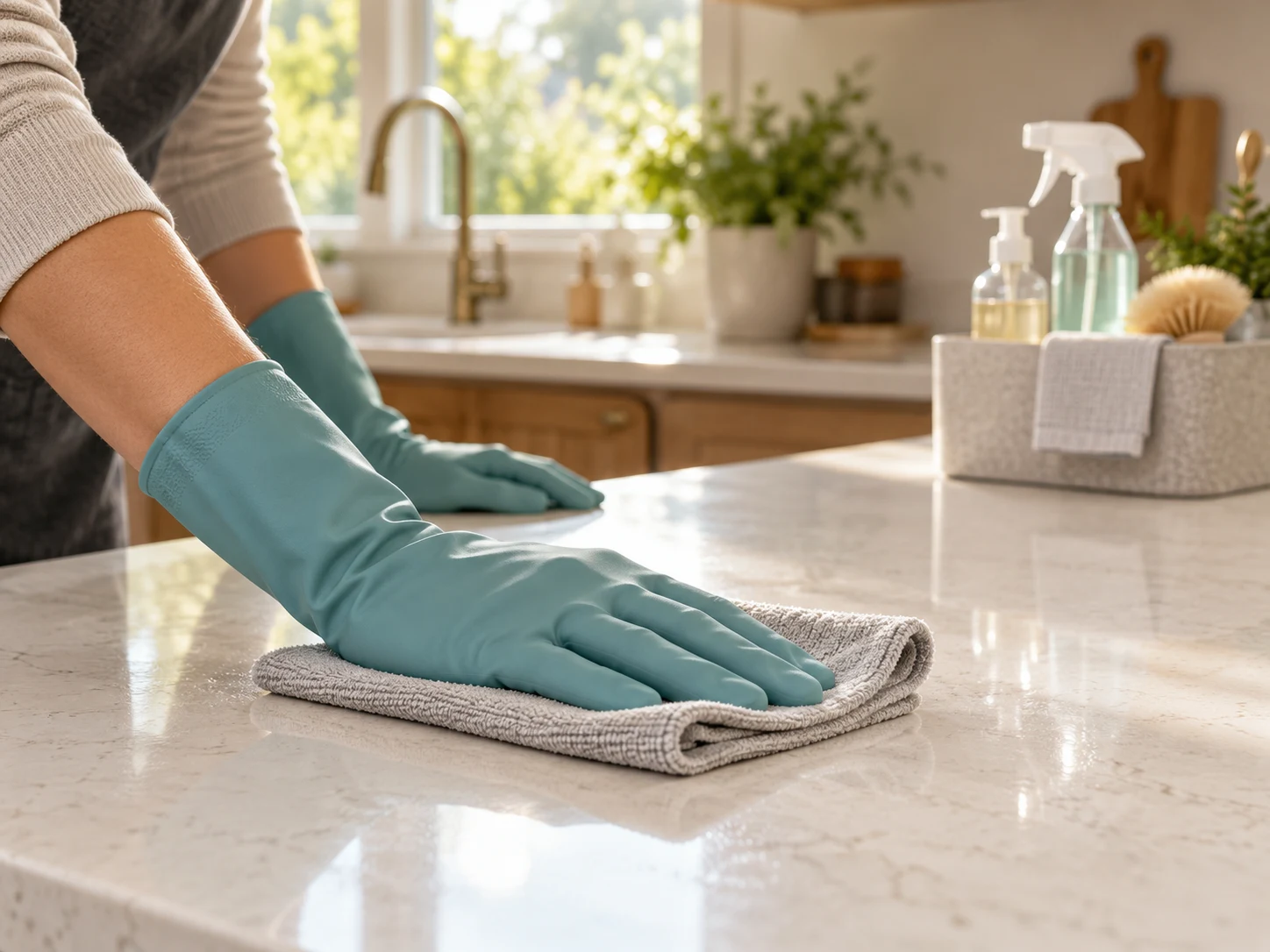 Gloved hands carefully wiping a bright kitchen worktop