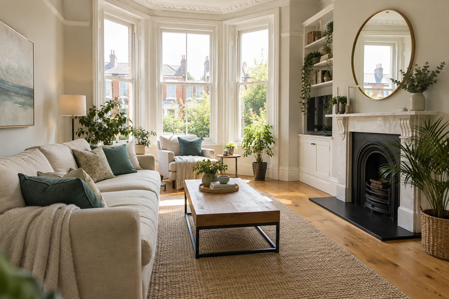 A bright, peaceful living room with a cream sofa, oak floors and soft teal accents