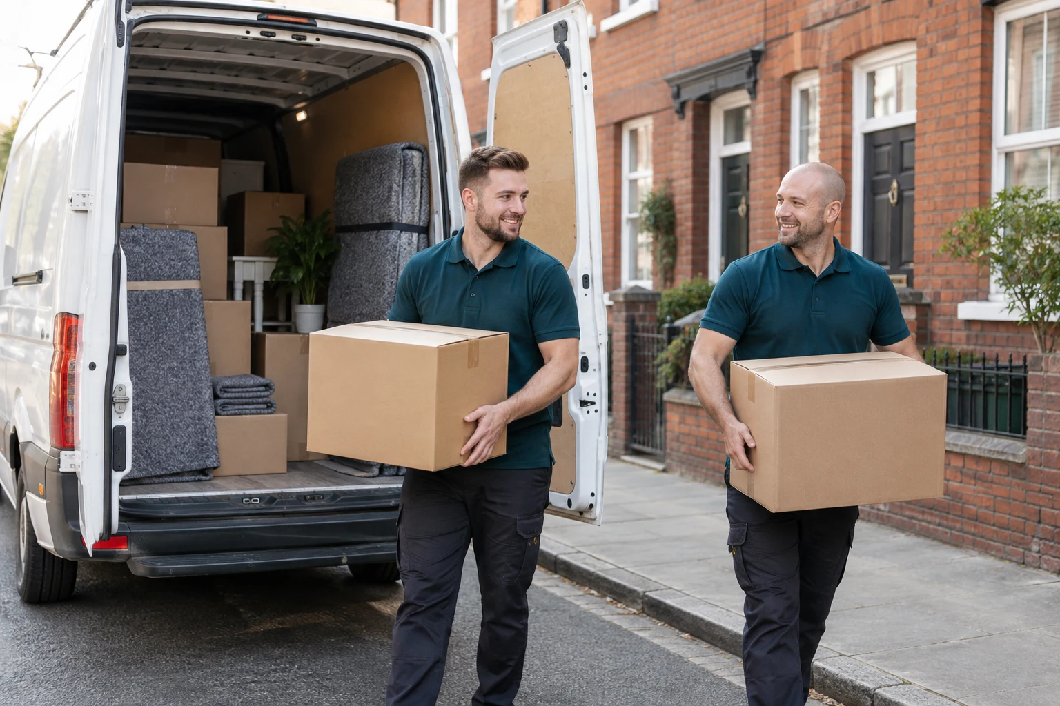 Illustrative scene of two movers carrying boxes beside a white van